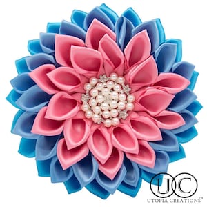 Originator Creator Multi-color JJOA Ribbon Flower Corsage Pink and Light Blue Jillian Pearl Satin Flower Corsage Brooch image 1