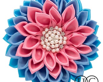 Originator Creator Multi-color JJOA Ribbon Flower Corsage | Pink and Light Blue Jillian Pearl Satin Flower Corsage Brooch