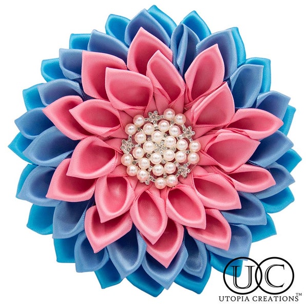 Originator Creator Multi-color JJOA Ribbon Flower Corsage | Pink and Light Blue Jillian Pearl Satin Flower Corsage Brooch