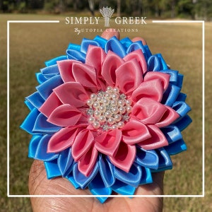 Originator Creator Multi-color JJOA Ribbon Flower Corsage Pink and Light Blue Jillian Pearl Satin Flower Corsage Brooch image 2