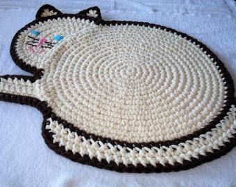 Crocheted Cat Rug, Cream and Brown Handmade Rug, Child's Room, Crocheted Wall Hanging, Nursery Rug, Playroom Rug, FREE SHIPPING!