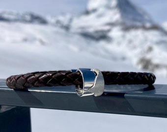 Handcrafted Matterhorn Mountain Leather Bracelet | Men's Braided Leather and Silver Accessory | Black or Brown Leather Wristband Gift