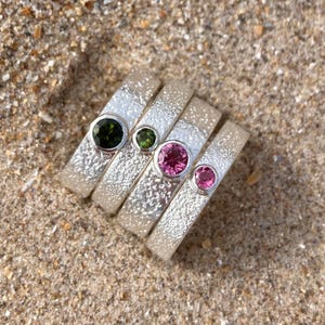 Tourmaline October Birthstone Ring | Real Pink or Green Tourmaline | Textured Sterling Silver Ring Handmade in Scotland
