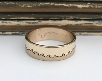 Anillo costero de oro de 14 quilates a medida - Alianza de boda de dos piezas hecha a mano con diseño de mapa personalizado, anillo ancho de oro artesanal y ecológico