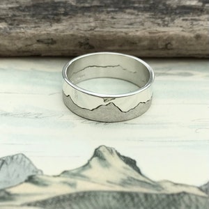 Custom Mountain Landscape Ring: 9ct White Gold Wide Band Wedding Ring