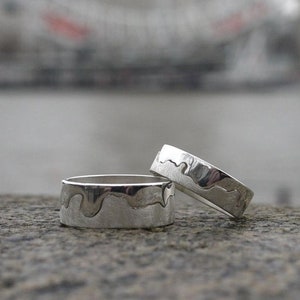 Anillo de Londres del Támesis del río de plata hecho a mano / Joyería de Londres / Anillo del río / Banda de bodas personalizada / Joyería del paisaje / Joyería de mapas / Támesis