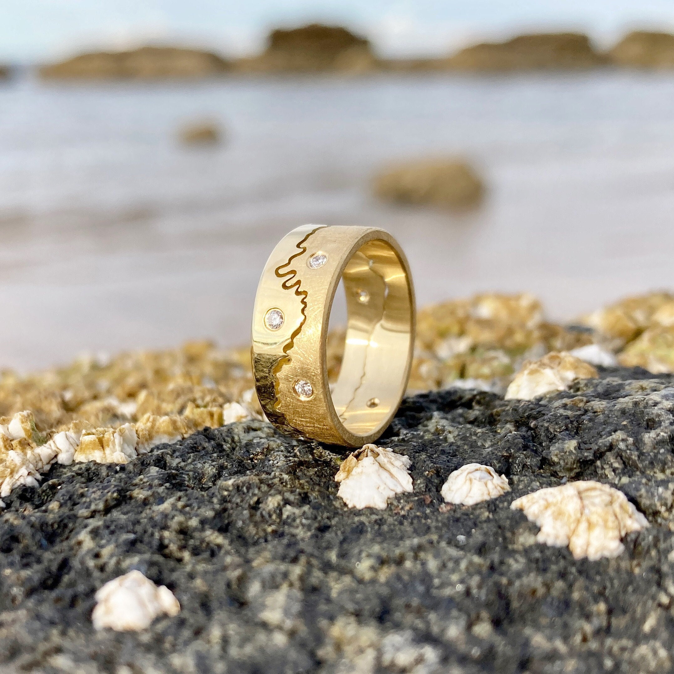 18Ct Gold Coastline Ring With Seven Diamonds | Personalised Handmade Map Jewellery Diamond