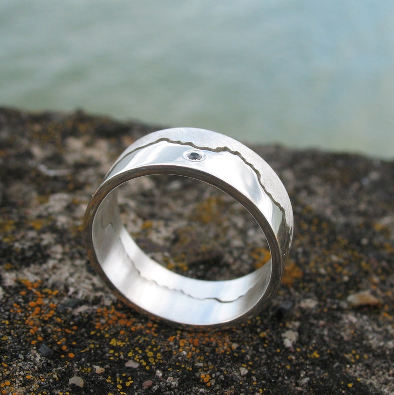 Mens Black Diamond Ring Silver Coastline Ring image 4