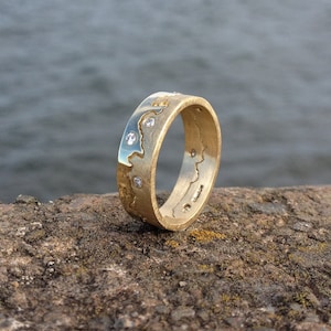 Anillo de diamantes Coastline personalizado en oro de 18 quilates, diseño entrelazado artesanal, anillo de boda de banda ancha, anillo multidiamantes