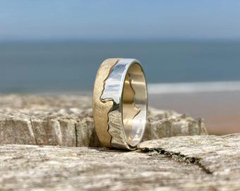 Two-Tone Coastline Wedding Ring: 9ct Gold & Silver, Custom Map Ring