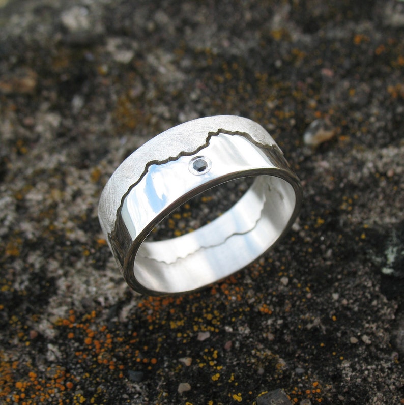 Mens Black Diamond Ring Silver Coastline Ring image 2