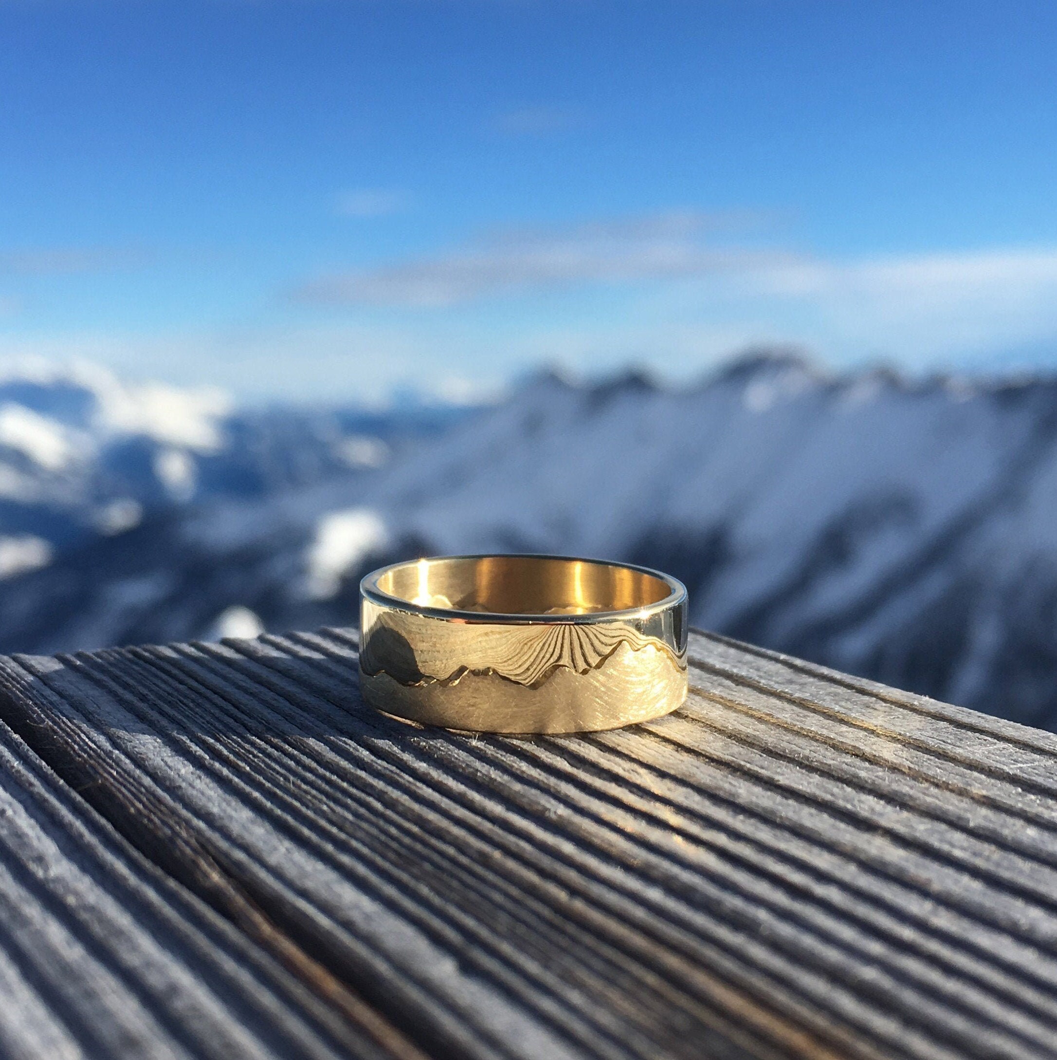 Handmade 18Ct Yellow Gold Mountain Landscape Ring | Custom Skyline Wedding Band Alternative