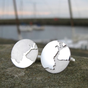 Aangepaste kustlijn manchetknopen | Unieke kaartmanchetknopen | Kaart Sieraden | Reizen geïnspireerd cadeau | Bruidsjonkers cadeau | Zilveren kaart manchetknopen |