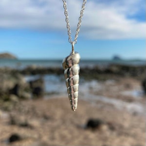 Puede incluir: Un collar con un colgante de concha de mar de plata colgando sobre un fondo borroso de playa y océano.