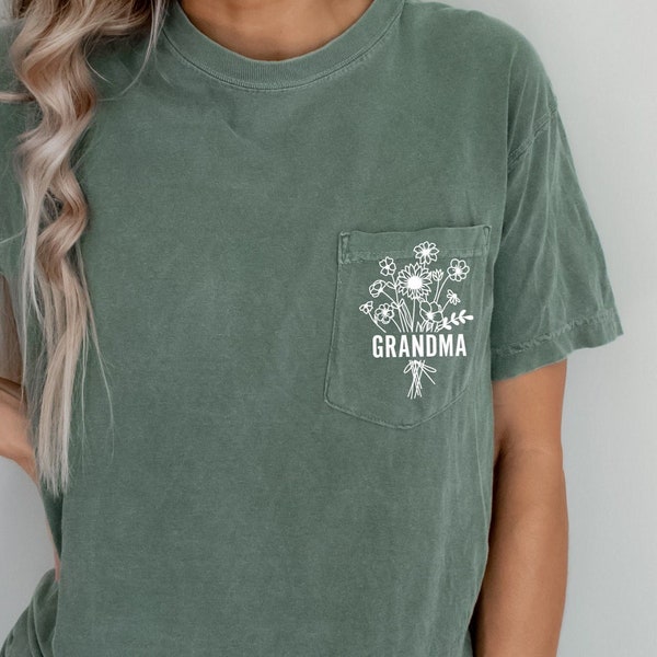 Wildflower Grandma Shirt, Personalized Gifts for Grandma Gift for Grandmother Tshirt Custom Pocket Tee Comfort Colors® Fall Shirts for Women