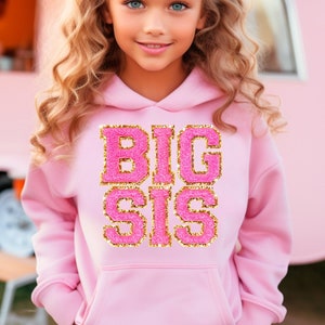 May include: A young girl wearing a pink hoodie with the words "BIG SIS" in gold glitter lettering. The hoodie has a drawstring hood and a kangaroo pocket.