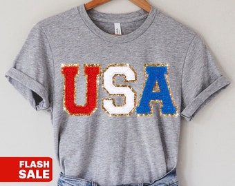 Chenille Patch USA Shirt, 4th of July Patriotic Outfit