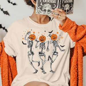 Skeleton Halloween Shirt, Pumpkin Halloween Sweatshirt, Pumpkin Shirt, Fall Sweatshirt Spooky Season TShirt, Fall Shirts for Women