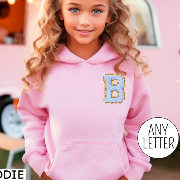 Personalized Kids Embroidered Sweatshirt with Chenille Patch Initial, Toddler Girl Gift for Girls Crewneck Pink Blue