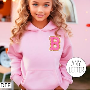 May include: Pink hoodie with a large pink letter B with gold glitter trim. The text "ANY LETTER" is visible in the image.  The hoodie is shown on a young person.