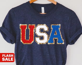 Chenille Patch 4th of July Shirt for Women, USA Shirt, Fourth of July 4th Mommy and Me Outfits 2026 Winter Olympics Patriotic Shirt Preppy
