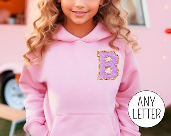 Personalized Kids Embroidered Sweatshirt with Chenille Patch Initial, Toddler Girl Gift Crewneck Girls Pink Purple