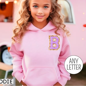 Personalized Kids Embroidered Sweatshirt with Chenille Patch Initial, Toddler Girl Gift Crewneck Girls Pink Purple