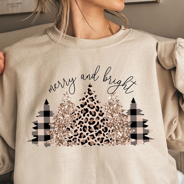 Christmas Sweatshirt Women, Vintage Christmas Shirt, Christmas Sweater, Merry and Bright Christmas Gifts for Women Holiday Sweater