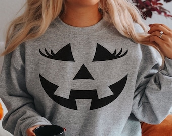 Jack-O-Lantern Halloween Shirt, Pumpkin Face Sweatshirt Jackolantern Funny Thanksgiving Shirts for Women Crewneck Sweatshirt