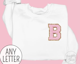 Personalized Kids Embroidered Sweatshirt with Chenille Patch Initial, Toddler Girl Gift for Girls Crewneck Light Pink