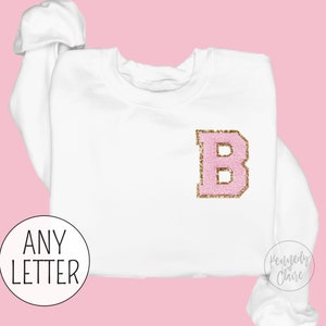 Personalized Kids Embroidered Sweatshirt with Chenille Patch Initial, Toddler Girl Gift for Girls Crewneck Light Pink