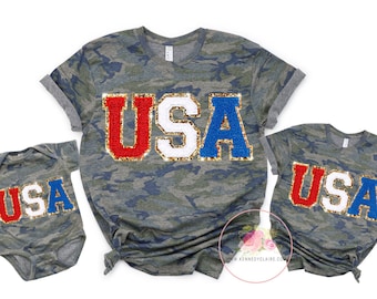 USA Shirt for Women, 4th of July Patriotic T-Shirt with Chenille Patch, Mommy and Me Outfits, Red White Blue, Summer Olympics, July 4th Tee