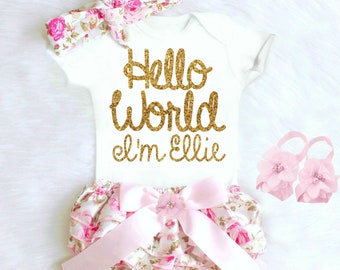 Baby Girl Clothes, Newborn Baby Girl Coming Home Outfit, Cute Baby Clothes, Baby Shower Gift HELLO WORLD Boho Baby Girl Outfit Personalized