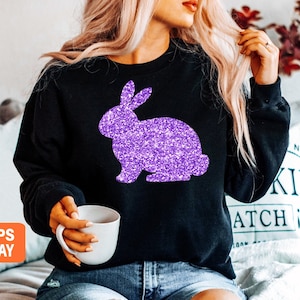 Glitter EASTER BUNNY Shirt - Womens Easter Shirt - Cute Easter Sweatshirt Easter Bunny Tee for Women, Easter hoodie, PURPLE Bunny SWEATER