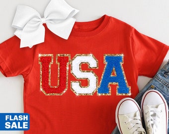 Toddler Girls USA Flag Chenille Patch Shirt, Patriotic July 4th Outfit
