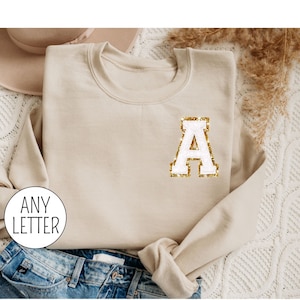 Chenille Patch Embroidered Sweatshirt for Women Personalized with Custom Initial, Mothers Day Gift Monogrammed Letter Patch Shirt Natural