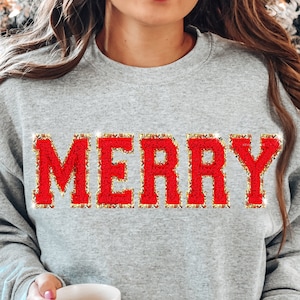 Chenille Patch Christmas Sweatshirt, Christmas Shirts, Merry Christmas Crewneck Ugly Christmas Sweater Unique Holiday Gift Merry Sweatshirt