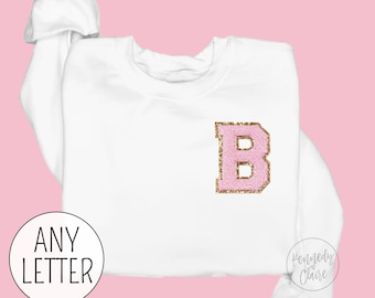 Chenille Patch Embroidered Sweatshirt for Women Personalized with Custom Initial, Mothers Day Gift Monogrammed Letter Patch Shirt Light Pink