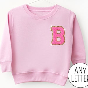 May include: Pink sweatshirt with a pink and gold letter B on the front. The text "ANY LETTER" is in the bottom right corner of the image.