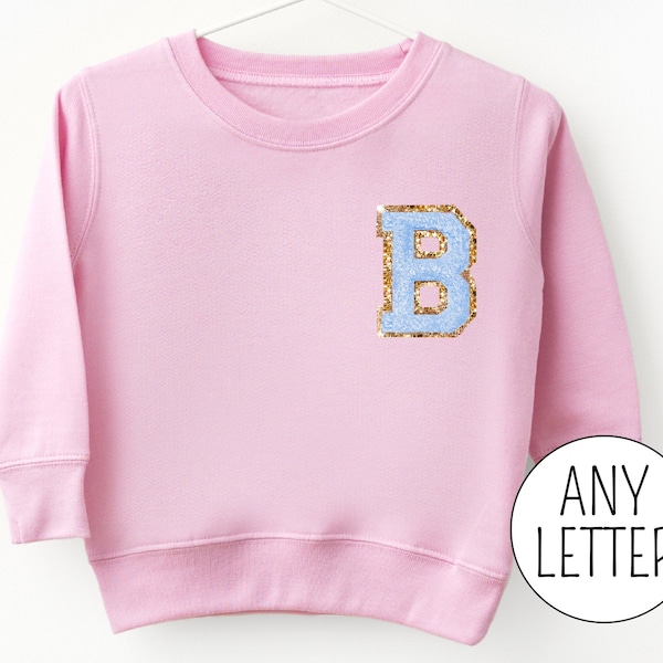 Personalized Kids Embroidered Sweatshirt with Chenille Patch Initial, Toddler Girl Gift for Girls Crewneck Pink Blue