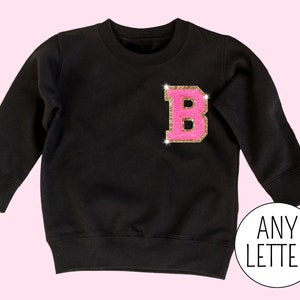 Personalized Kids Embroidered Sweatshirt with Chenille Patch Initial, Toddler Girl Gift for Girls Crewneck Hot Pink