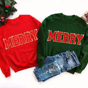 Chenille Patch Christmas Sweatshirt, Christmas Shirts, Merry Christmas Crewneck, Cute Winter Sweater Unique Holiday Gift Merry Sweatshirt