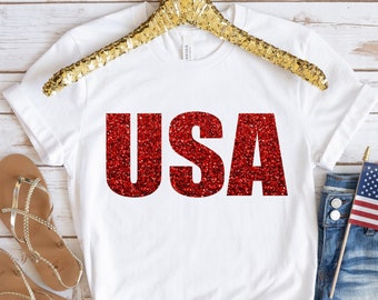 Glitter USA 4th of July Women's Shirt, Patriotic Tee, July 4th Women and Kids, Independence Day Shirt, Vintage Retro Style