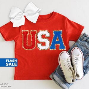 Toddler Girls USA Flag Chenille Patch Shirt, Patriotic July 4th Outfit