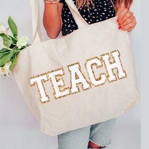 Embroidered Teacher Tote Bag, Teacher Gifts for Teacher Appreciation Gift, Chenille Patch Teacher Bag Last Day of School Teacher Gift