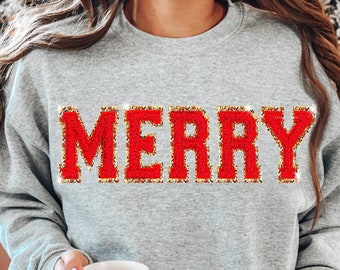 Chenille Patch Christmas Sweatshirt, Christmas Shirts, Merry Christmas Crewneck, Cute Winter Sweater Unique Holiday Gift Merry Sweatshirt