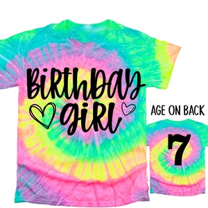 Chemise anniversaire fille, t-shirt anniversaire fille tie-dye t-shirt anniversaire fille anniversaire personnalisé t-shirt enfants âge personnalisé au dos