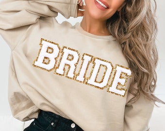 Chenille Patch Bride Sweatshirt, Embroidered Bachelorette Crewneck Honeymoon Outfit Wedding Gift for Her Bridal Shower Gift Engagement Gift