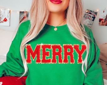 Chenille Patch Christmas Sweatshirt, Christmas Shirts Merry Sweatshirt Christmas Crewneck Ugly Christmas Sweater Unique Holiday Gift for her