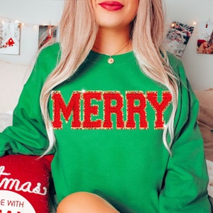 Chenille Patch Christmas Sweatshirt, Christmas Shirts Merry Sweatshirt Christmas Crewneck Ugly Christmas Sweater Unique Holiday Gift for her